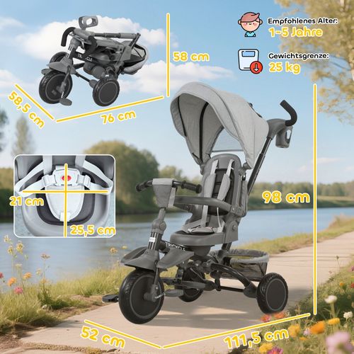 Tricycle 6-en-1 Pour Bébé Avec Siège Réglable, Guidon Et Pliable, Gris