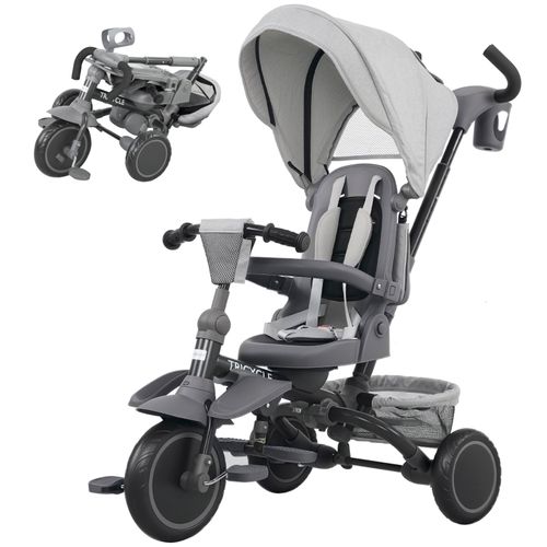 Tricycle 6-en-1 Pour Bébé Avec Siège Réglable, Guidon Et Pliable, Gris