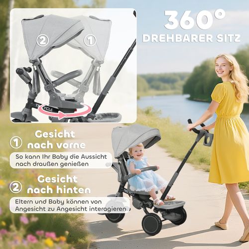 Tricycle 6-en-1 Pour Bébé Avec Siège Réglable, Guidon Et Pliable, Gris