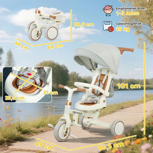 Tricycle Bébé 5-en-1 Évolutif Avec Siège Réglable Et Protection Solaire