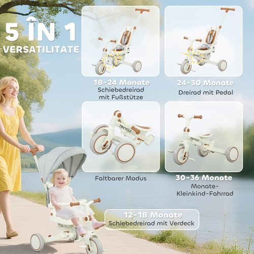 Tricycle Bébé 5-en-1 Évolutif Avec Siège Réglable Et Protection Solaire