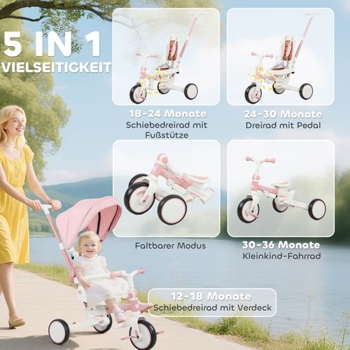 Tricycle Bébé 5-en-1 Rose Avec Guidon Amovible Et Siège Réglable