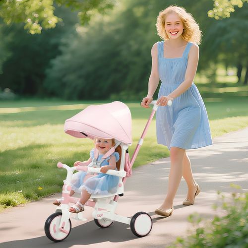 Tricycle Bébé 5-en-1 Rose Avec Guidon Amovible Et Siège Réglable