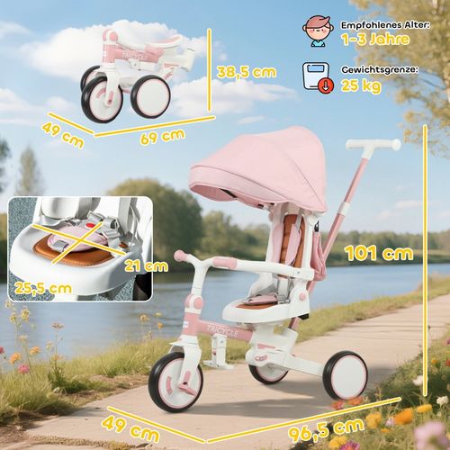 Tricycle Bébé 5-en-1 Rose Avec Guidon Amovible Et Siège Réglable