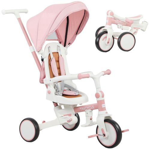 Tricycle Bébé 5-en-1 Rose Avec Guidon Amovible Et Siège Réglable