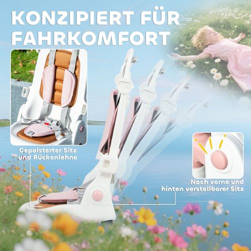 Tricycle Bébé 5-en-1 Rose Avec Guidon Amovible Et Siège Réglable