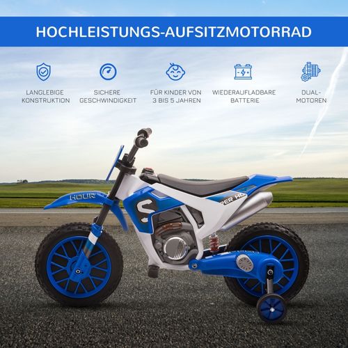 Moto Électrique Enfant 12v Avec Roues Stabilisatrices Et Suspension, Bleu/blanc