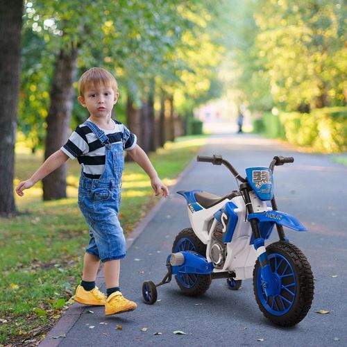 Moto Électrique Enfant 12v Avec Roues Stabilisatrices Et Suspension, Bleu/blanc