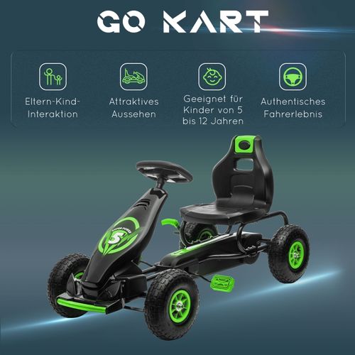 Gokart Enfant Pédales, Siège Réglable, Pour Intérieur Et Extérieur, Vert/noir