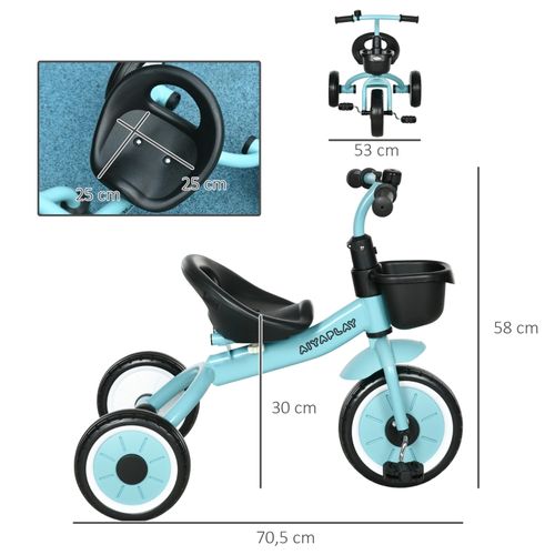 Tricycle Enfant 2-5 Ans, Siège Réglable, Sonnette Et Panier, Bleu