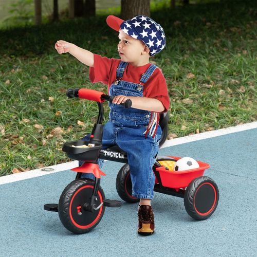 Tricycle Enfant 2-5 Ans, Siège Réglable, Ceinture, 2 Paniers, Noir Et Rouge
