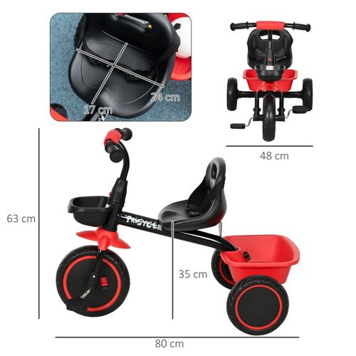 Tricycle Enfant 2-5 Ans, Siège Réglable, Ceinture, 2 Paniers, Noir Et Rouge