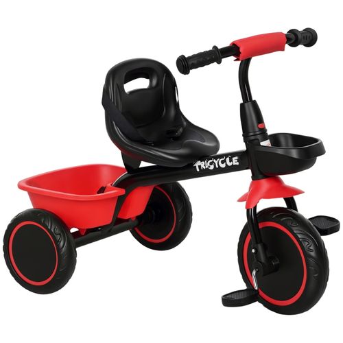 Tricycle Enfant 2-5 Ans, Siège Réglable, Ceinture, 2 Paniers, Noir Et Rouge