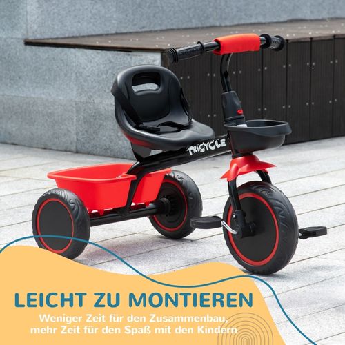 Tricycle Enfant 2-5 Ans, Siège Réglable, Ceinture, 2 Paniers, Noir Et Rouge