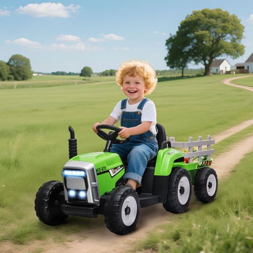 Tracteur Électrique Enfant Avec Télécommande Parentale, 6 Km/h, Vert/noir