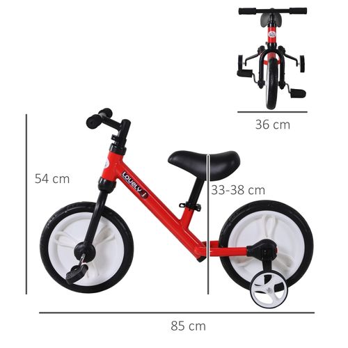 Vélo Enfant 2-en-1 Avec Stabilisateurs Et Pédales, Siège Réglable, Rouge