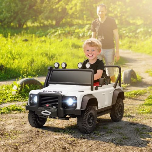 Voiture Électrique Enfant 12v Land Rover Defender Avec Télécommande, LED Et Musique, Blanche