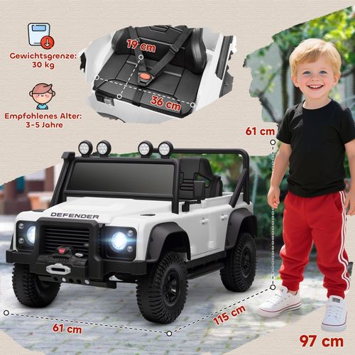 Voiture Électrique Enfant 12v Land Rover Defender Avec Télécommande, LED Et Musique, Blanche