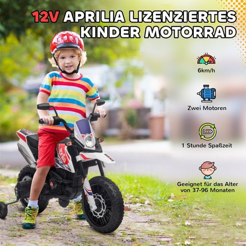 Moto Électrique Enfant 12v Aprilia Avec Stabilisateurs, LED Et Musique, Blanche