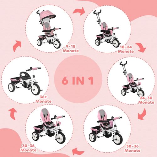 Tricycle Enfant 6-en-1 Rose Avec Guidon Parent, Toit Et Panier 1-5 Ans