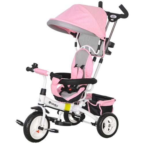Tricycle Enfant 6-en-1 Rose Avec Guidon Parent, Toit Et Panier 1-5 Ans