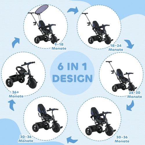 Tricycle Enfant 6-en-1 Bleu Foncé Avec Toit, Guidon Parent Et Panier 1-5 Ans