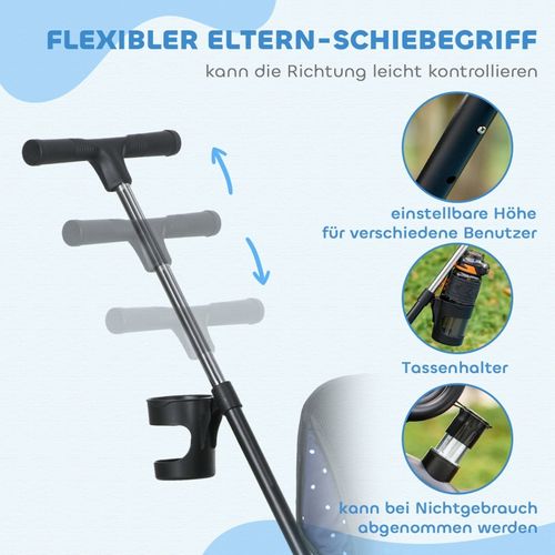 Tricycle Enfant 6-en-1 Bleu Foncé Avec Toit, Guidon Parent Et Panier 1-5 Ans