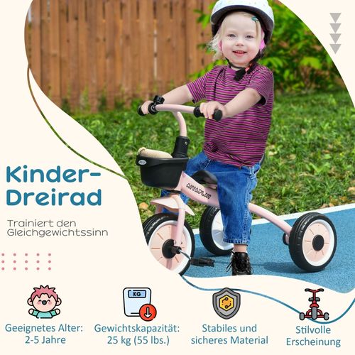 Tricycle Enfant Rose 2-5 Ans Avec Siège Réglable, Sonnette Et Panier
