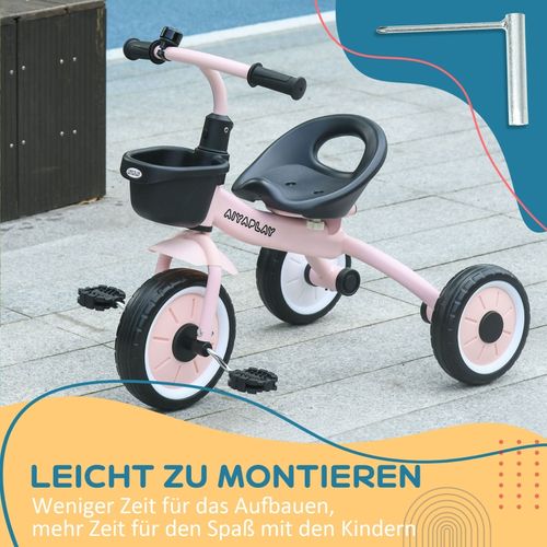 Tricycle Enfant Rose 2-5 Ans Avec Siège Réglable, Sonnette Et Panier