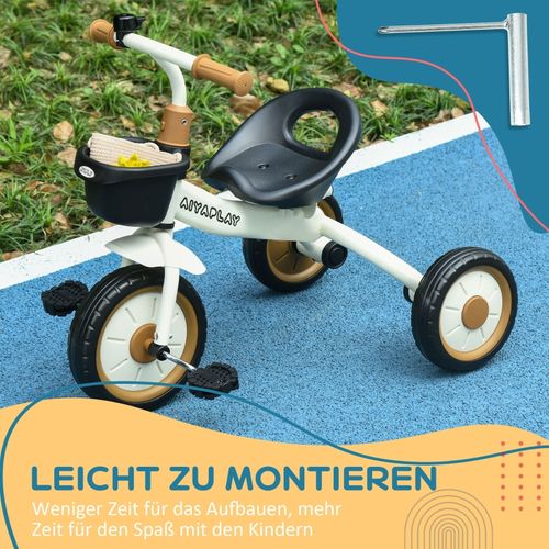 Tricycle Enfant Blanc 2-5 Ans Avec Siège Réglable, Sonnette Et Panier