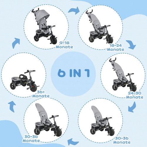 Tricycle 6-en-1 Enfant Gris Avec Canopy, Panier Et Sécurité 5 Points