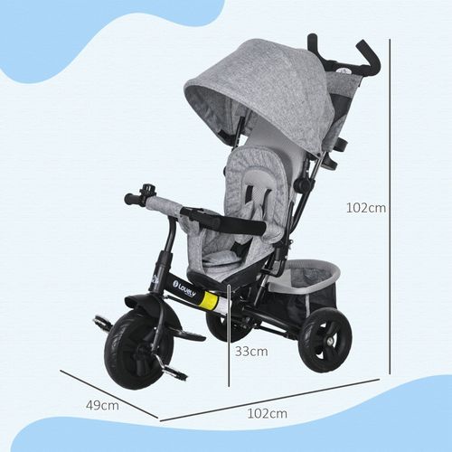 Tricycle 6-en-1 Enfant Gris Avec Canopy, Panier Et Sécurité 5 Points