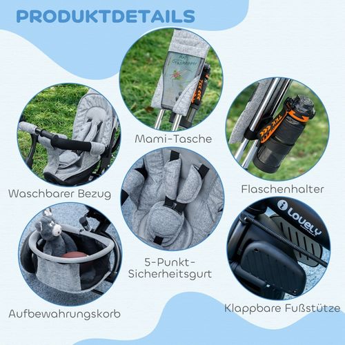 Tricycle 6-en-1 Enfant Gris Avec Canopy, Panier Et Sécurité 5 Points