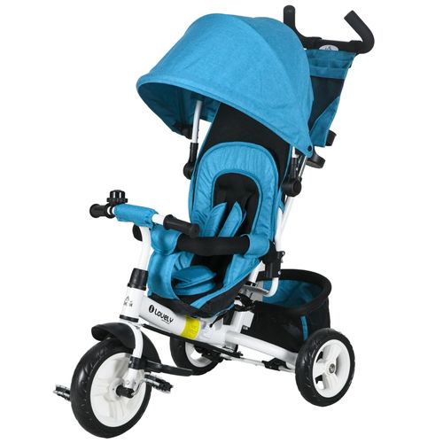 Tricycle 6-en-1 Enfant Bleu Avec Canopy, Panier, Harnais 5 Points Et Coussin