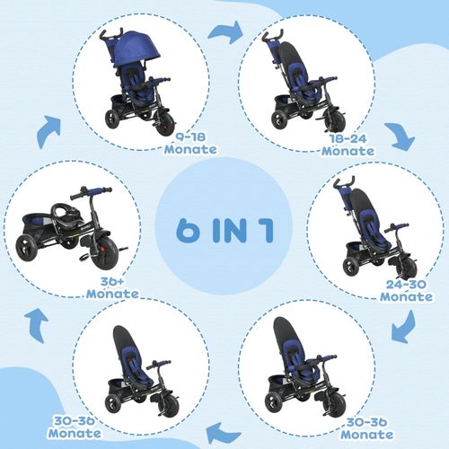 Tricycle 6-en-1 Enfant Bleu Foncé Avec Canopy Amovible, Panier Et Harnais 5 Points