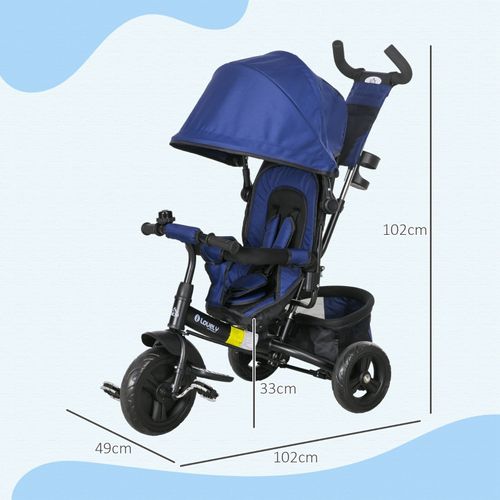 Tricycle 6-en-1 Enfant Bleu Foncé Avec Canopy Amovible, Panier Et Harnais 5 Points