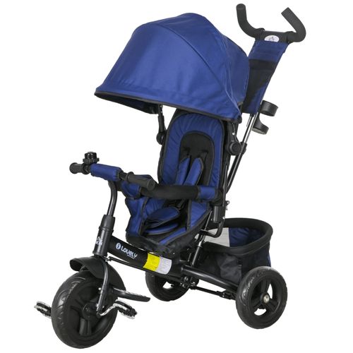 Tricycle 6-en-1 Enfant Bleu Foncé Avec Canopy Amovible, Panier Et Harnais 5 Points