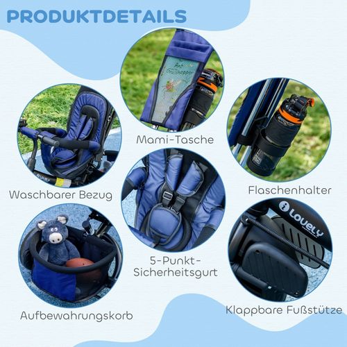 Tricycle 6-en-1 Enfant Bleu Foncé Avec Canopy Amovible, Panier Et Harnais 5 Points