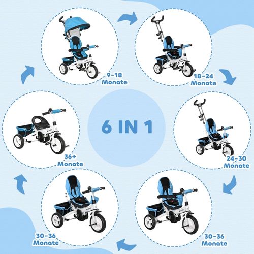Tricycle 6-en-1 Enfant Bleu Avec Canopy Amovible, Panier Et Harnais 5 Points