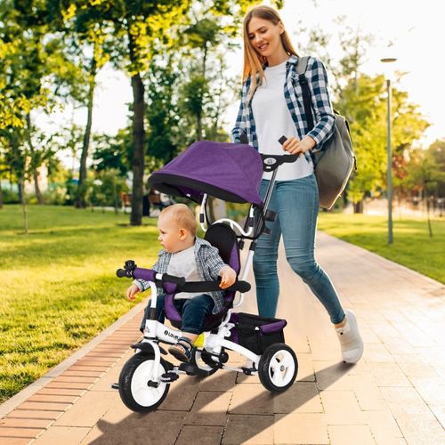 Tricycle 6-en-1 Enfant Violet Avec Canopy Amovible, Panier Et Harnais 5 Points