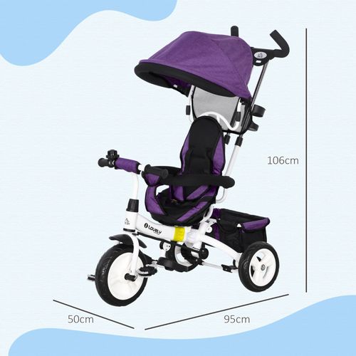 Tricycle 6-en-1 Enfant Violet Avec Canopy Amovible, Panier Et Harnais 5 Points
