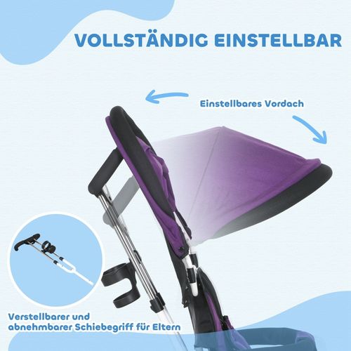 Tricycle 6-en-1 Enfant Violet Avec Canopy Amovible, Panier Et Harnais 5 Points