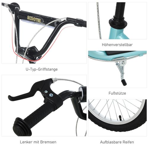 Trottinette Enfant 5+ Ans Avec Roues Gonflables 16/12", Bleu, Ajustable