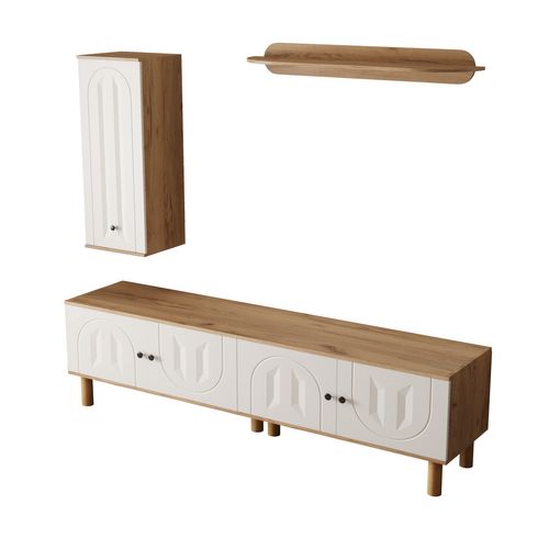 Meuble mural salon 3 éléments avec portes sculptées blanches et bois, meuble TV, vitrine et étagère