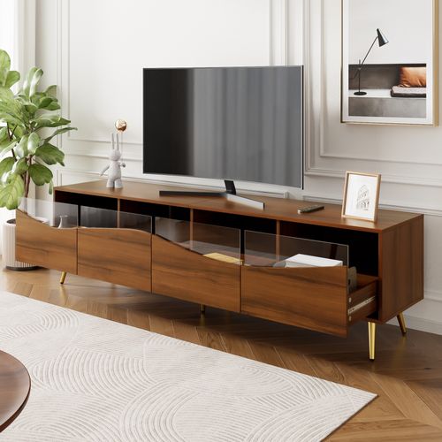 Meuble TV 180 Cm Avec LED, Pieds Dorés Et Façade En Verre, Style Moderne, Noyer