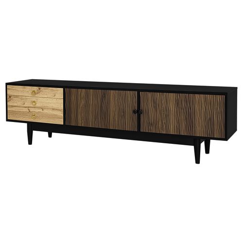 Meuble TV 180 Cm Avec Portes Ondulées, Trois Tiroirs Et Finition Bois/noir