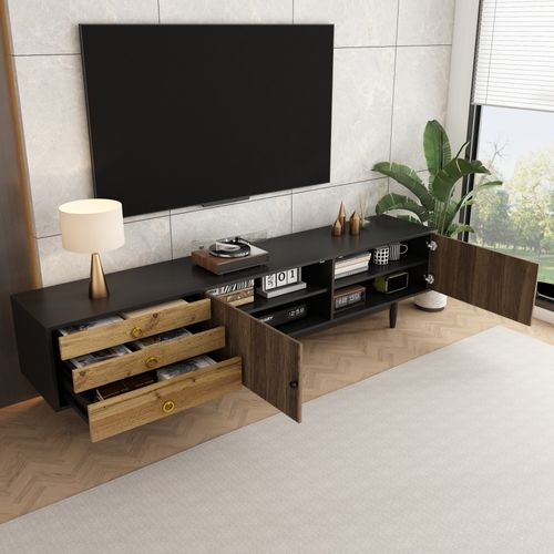 Meuble TV 180 Cm Avec Portes Ondulées, Trois Tiroirs Et Finition Bois/noir
