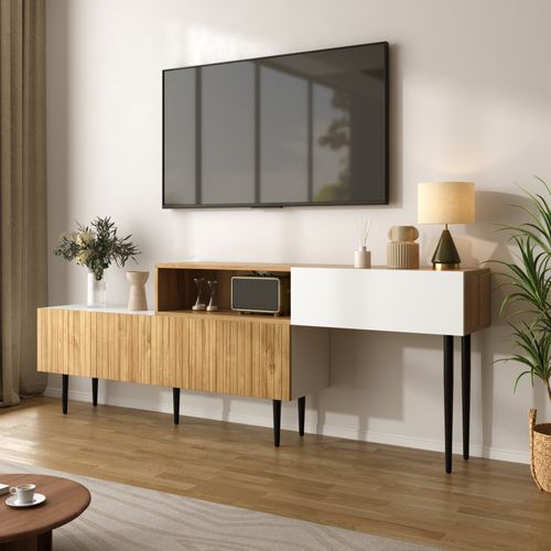 Meuble TV Modulaire 2 Pièces Extensible, Bois Et Blanc Mat, Pieds Noirs