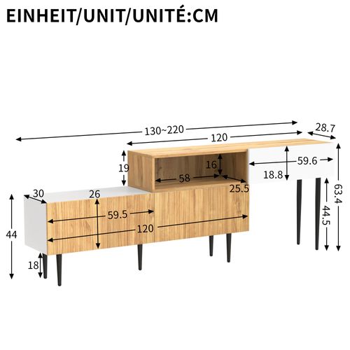 Meuble TV Modulaire 2 Pièces Extensible, Bois Et Blanc Mat, Pieds Noirs