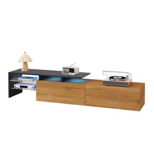 Meuble TV Moderne 170 Cm Noir Et Bois Avec LED Et Étagères En Verre